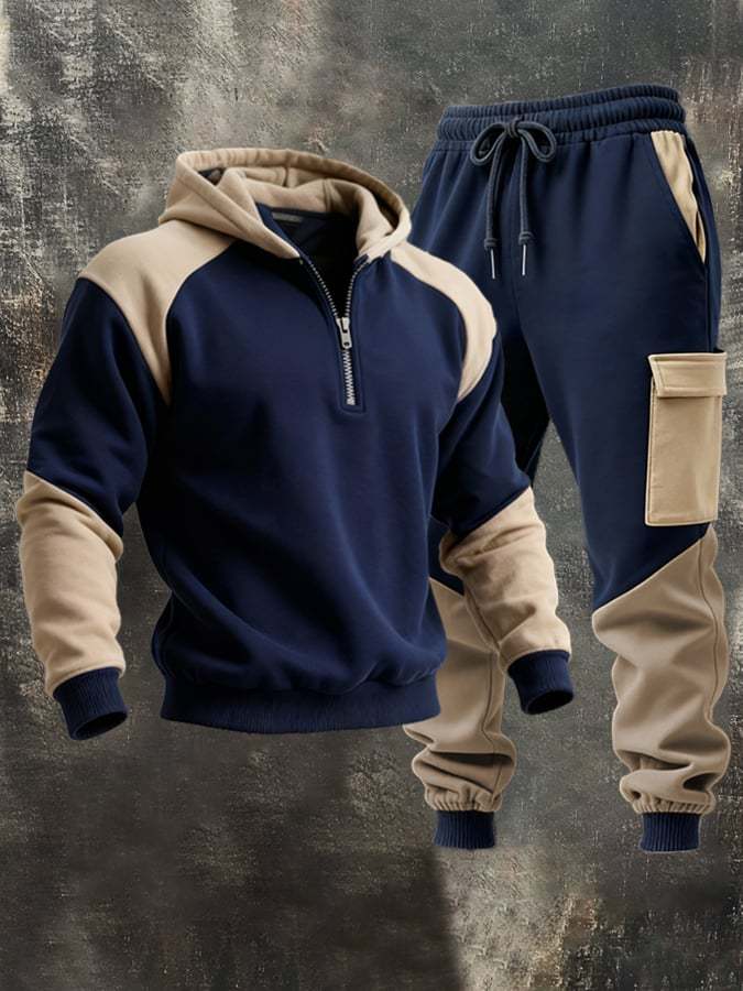 Men's Retro Stitching Contrast Color Casual Half Zip Hooded Sweatshirt Suit