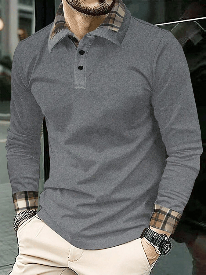 Men's Plaid Business Casual Long Sleeve Polo Shirt