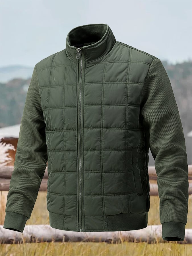 Men's Vintage Plaid Cotton Waffle Patchwork Casual Cotton Jacket