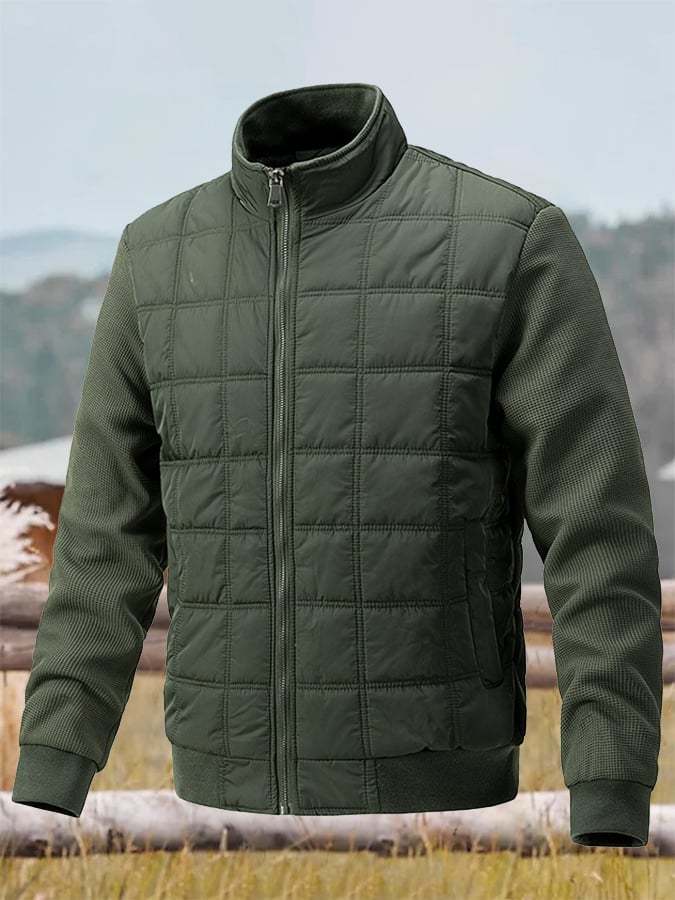 Men's Vintage Plaid Cotton Waffle Patchwork Casual Cotton Jacket