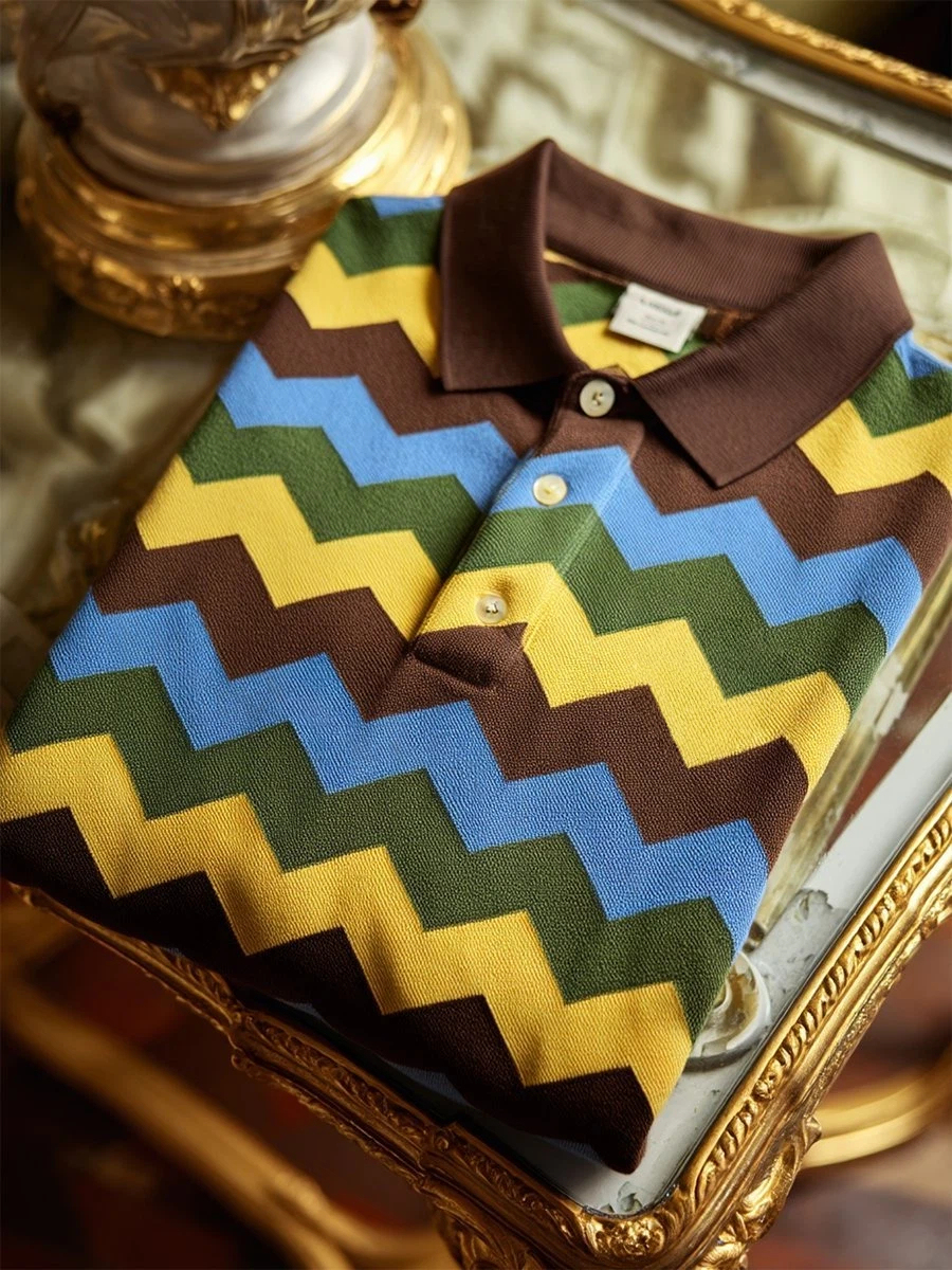 Men's Business Casual Chevron Stripe Button-Down Short Sleeve Polo Shi