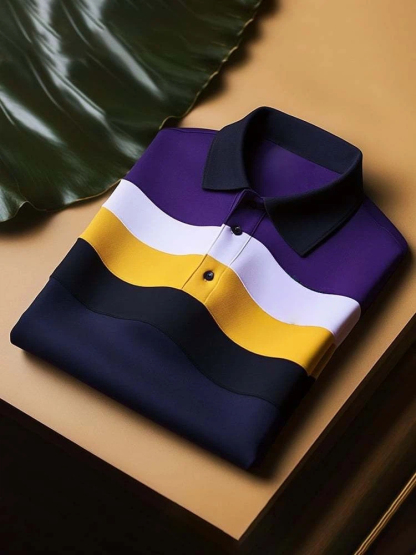 Men's Classic Business Check Logo Button Short Sleeve Polo Shirt