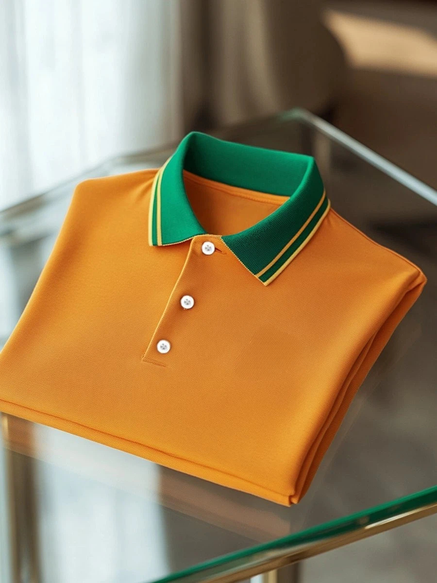 Men's Business Casual Orange Logo Button Short Sleeve Polo Shirt