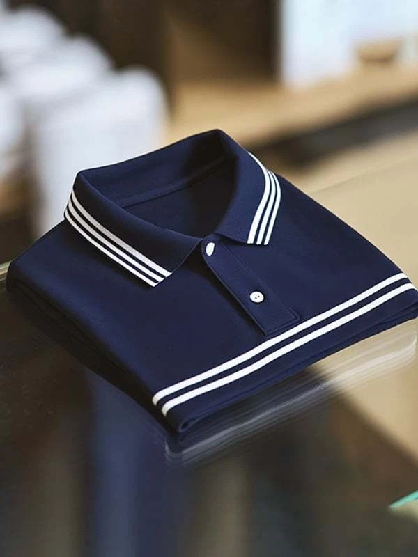 Men's Business Stripe Logo Print Short Sleeve Polo Shirt
