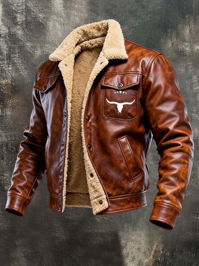 Men's Vintage Leather Patchwork Plush Warm Jacket