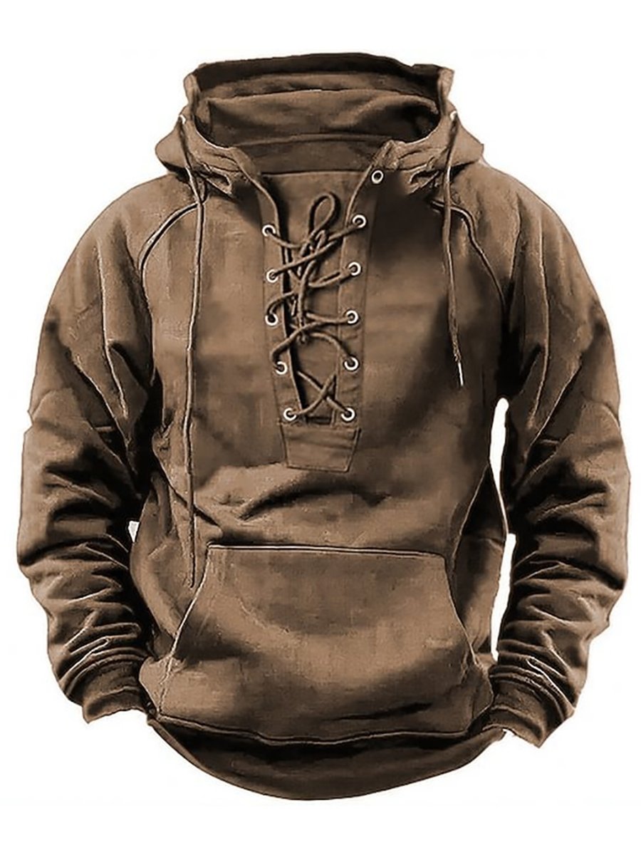 Men's Casual Tie-Strap Raglan Sleeve Pocket Hoodie