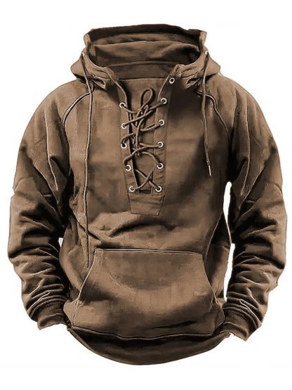 Men's Casual Tie-Strap Raglan Sleeve Pocket Hoodie