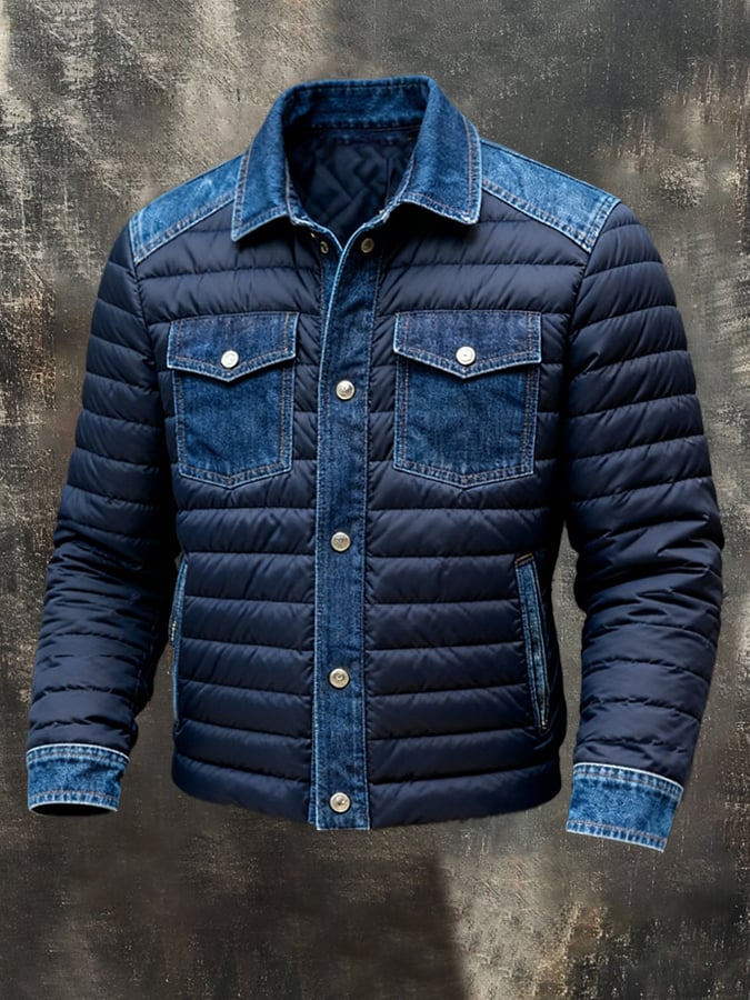 Men'S Vintage Denim Patchwork Outdoor Jacket Cotton Coat