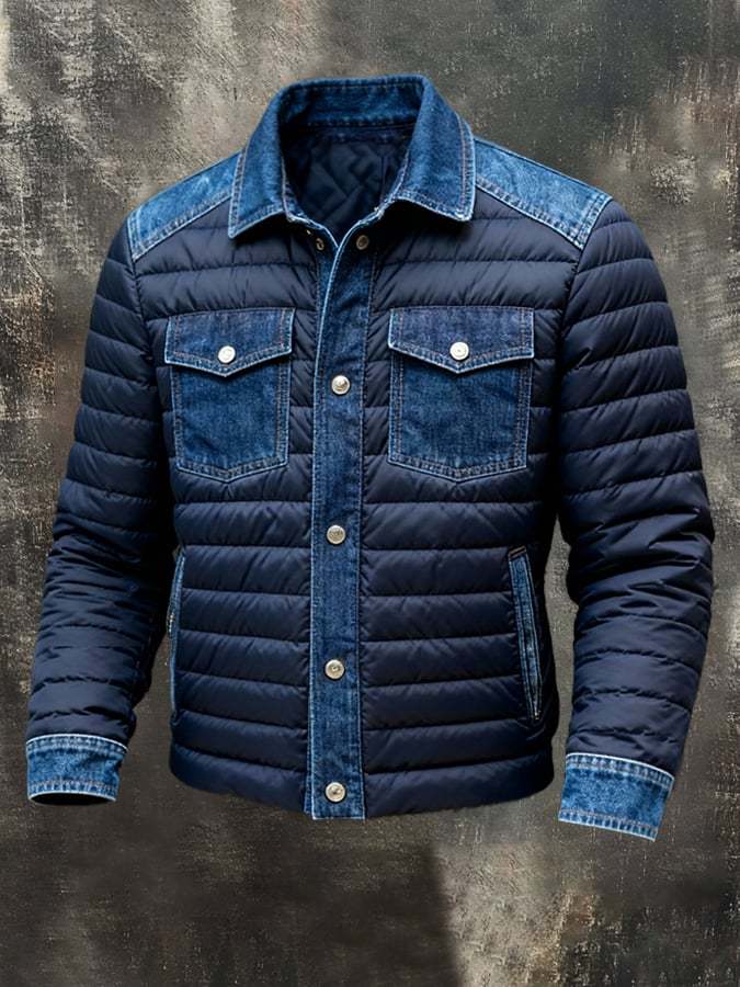 Men'S Vintage Denim Patchwork Outdoor Jacket Cotton Coat