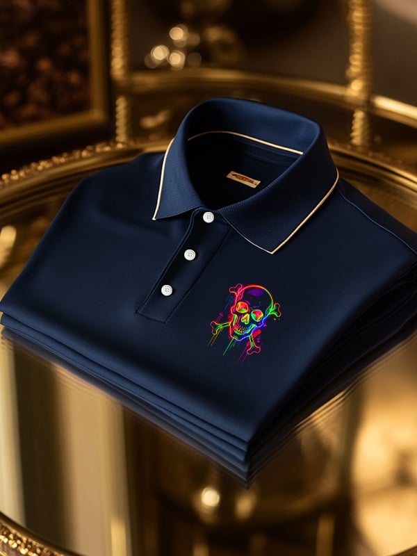Men's Classic Business Skull Logo Button Short Sleeve Polo Shirt