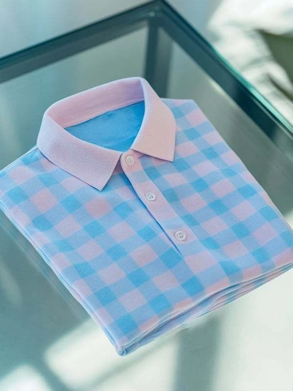 Men's Business Casual Plaid Logo Button Short Sleeve Polo Shirt