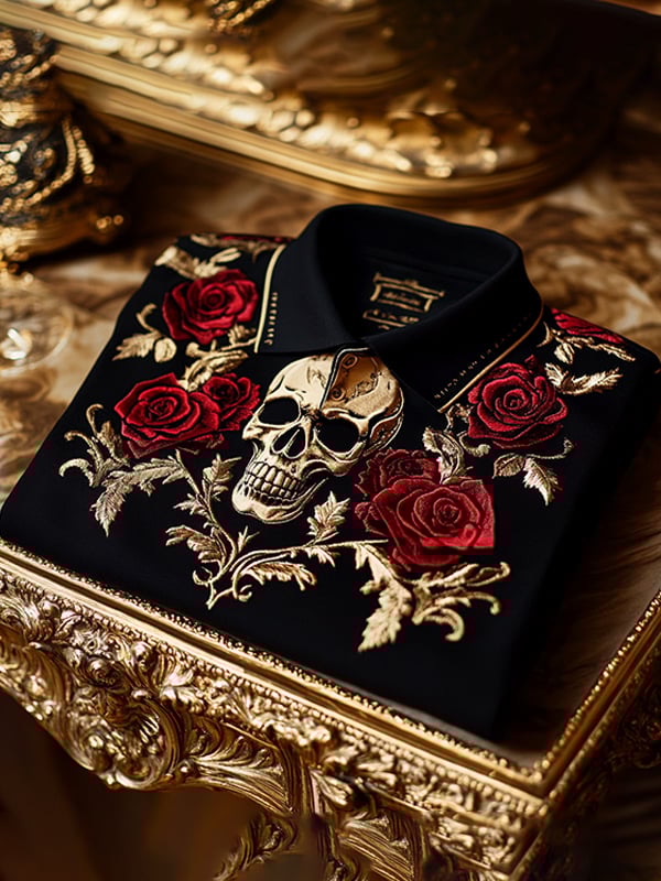 Men's Retro Gothic Skull Pattern Short Sleeve Polo Shirt