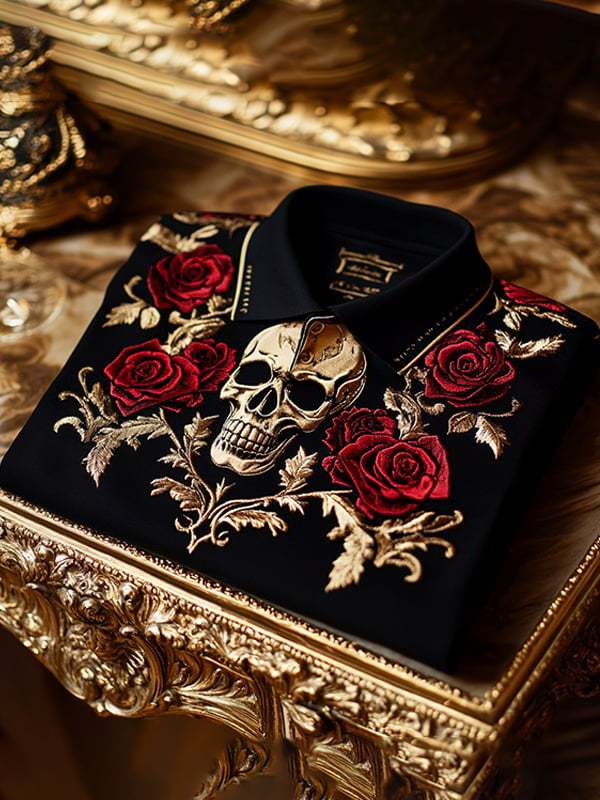 Men's Retro Gothic Skull Pattern Short Sleeve Polo Shirt