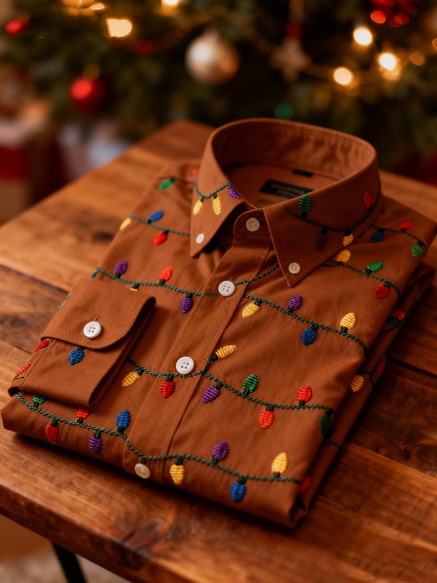 Men's Business Retro Christmas Colored Lights Printed Long Sleeve Shirt