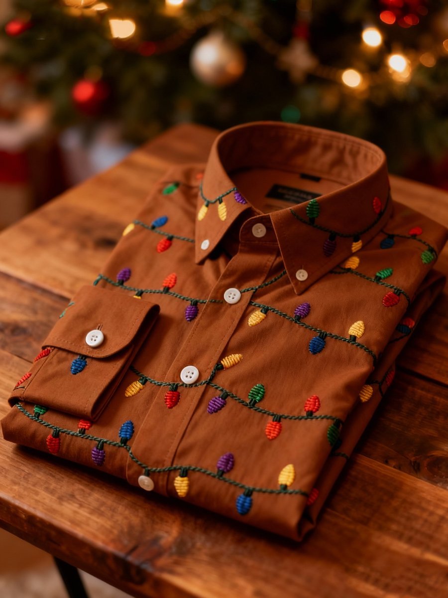 Men's Business Retro Christmas Colored Lights Printed Long Sleeve Shirt
