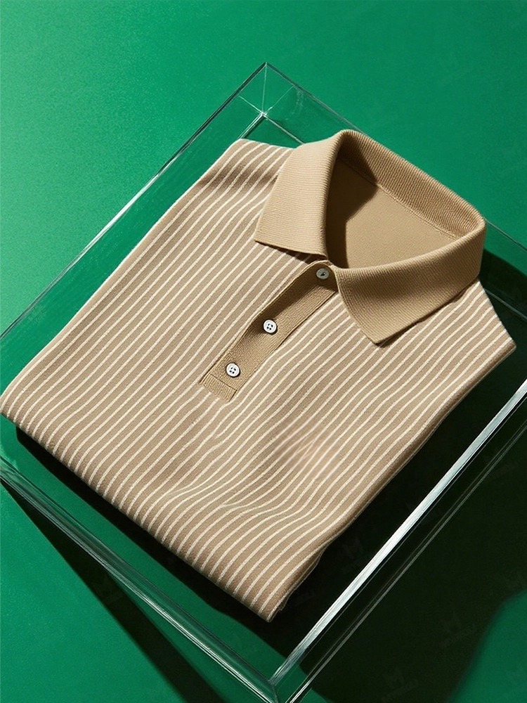 Men's Business Casual Striped Button Short Sleeve Polo Shirt