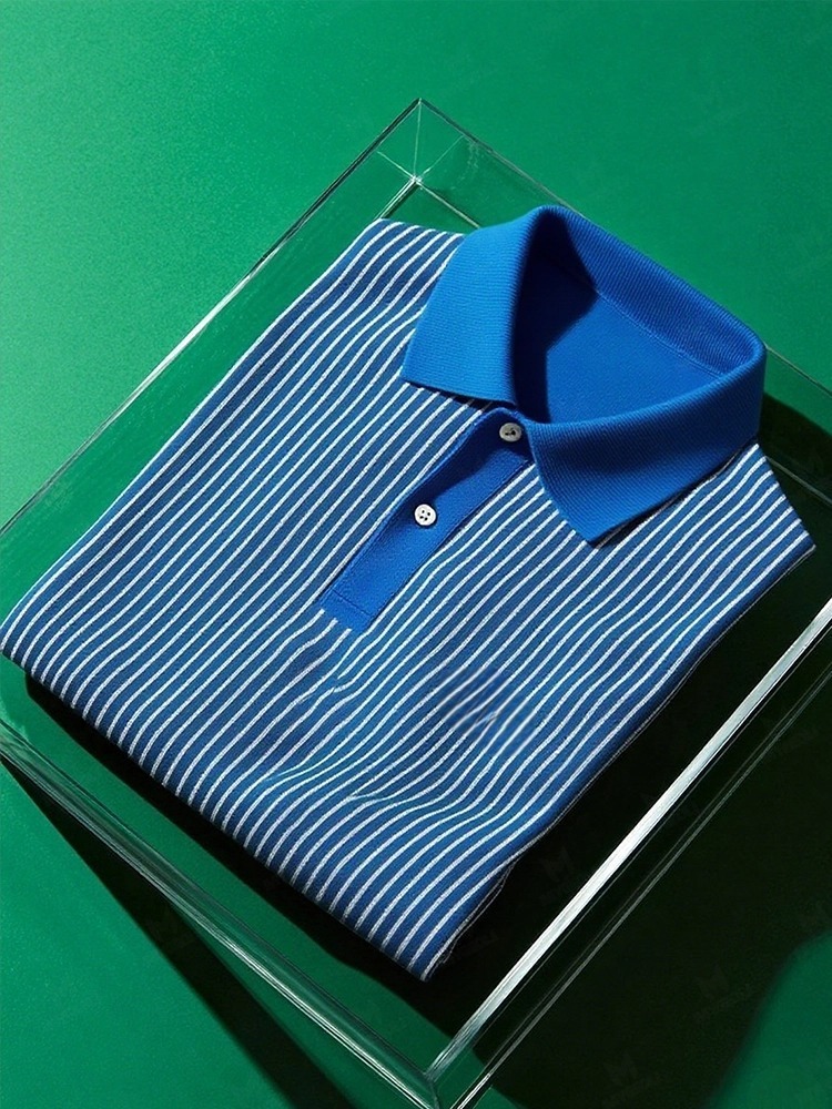 Men's Business Casual Striped Button Short Sleeve Polo Shirt