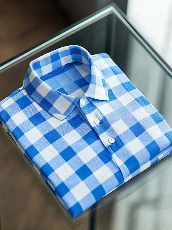 Men's Business Casual Plaid Logo Button Short Sleeve Polo Shirt