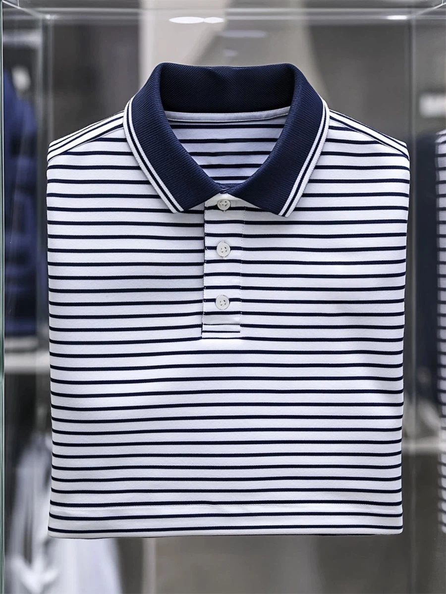 Men's Business Casual Striped Button Short Sleeve Polo Shirt