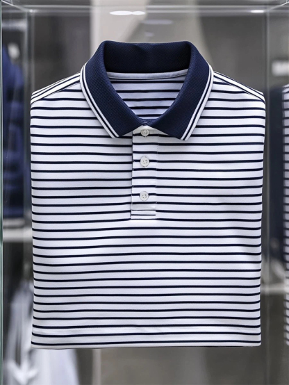 Men's Business Casual Striped Button Short Sleeve Polo Shirt