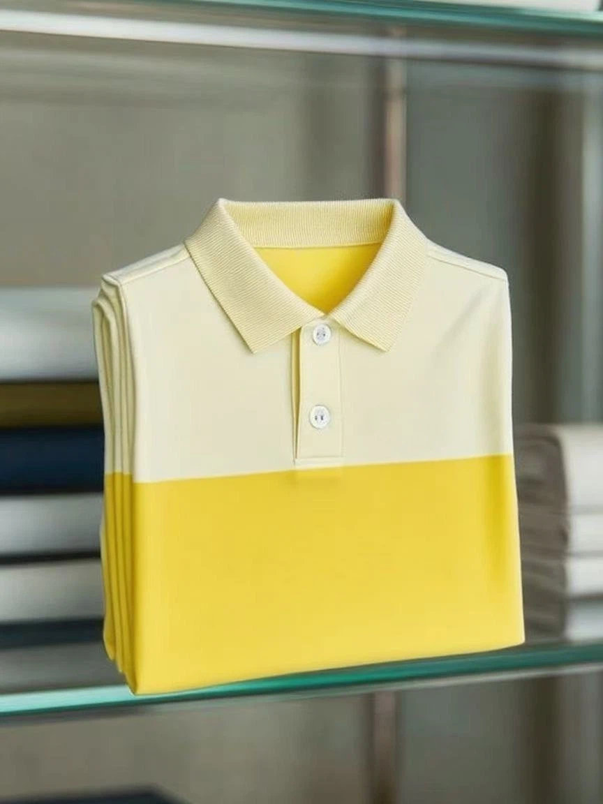 Men's Business Casual Color Block Stripe Logo Button Short Sleeve Polo