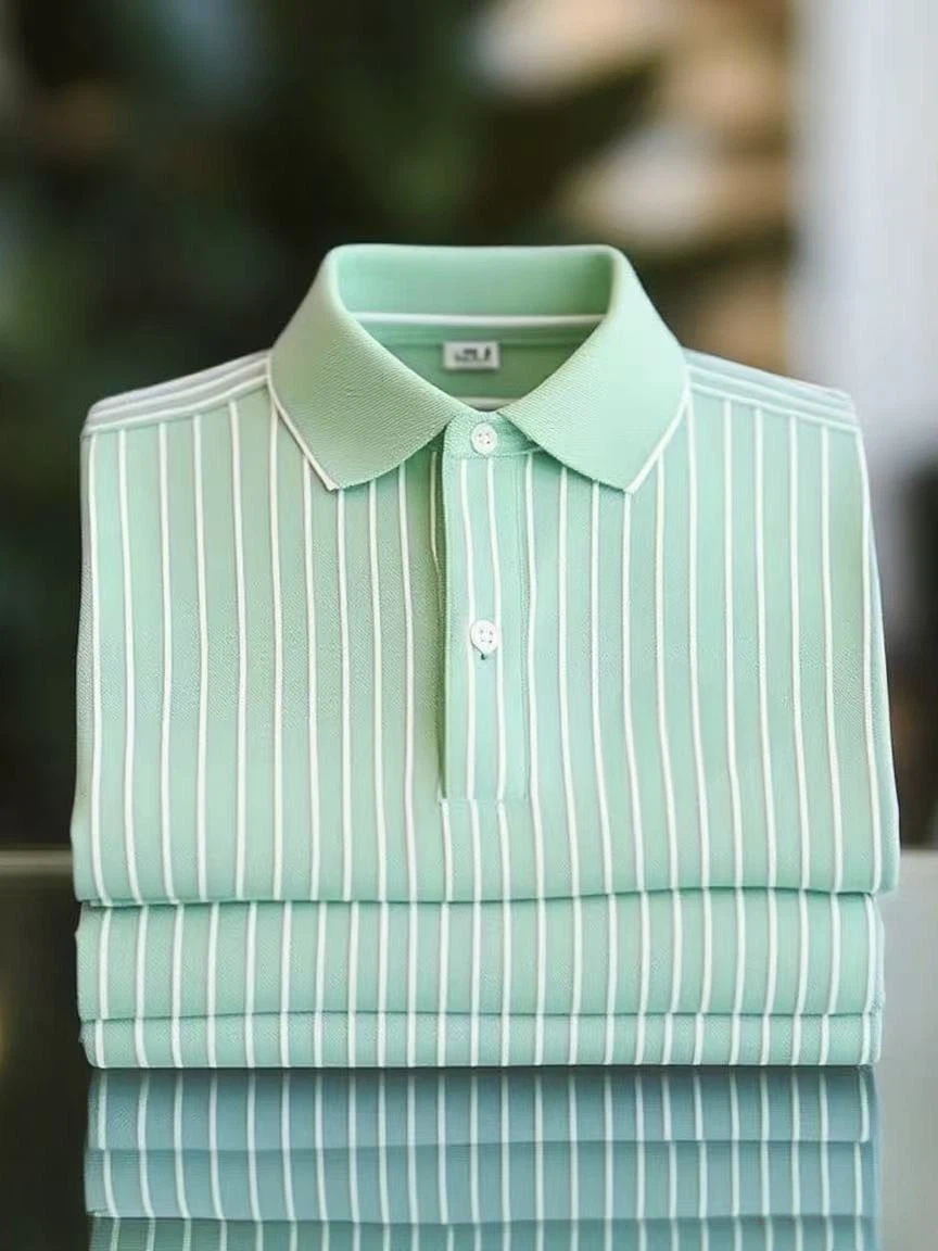 Men's Business Casual Color Block Stripe Logo Button Short Sleeve Polo