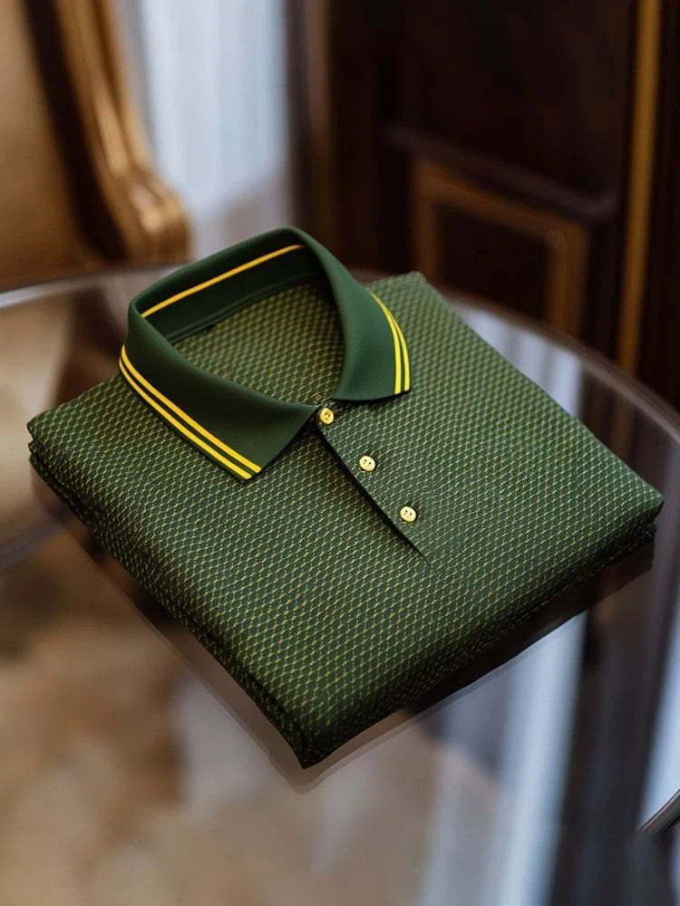 Men's Classic Business Check Logo Button Short Sleeve Polo Shirt