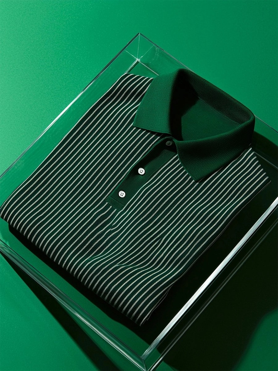 Men's Business Casual Striped Button Short Sleeve Polo Shirt