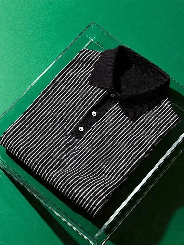 Men's Business Casual Striped Button Short Sleeve Polo Shirt