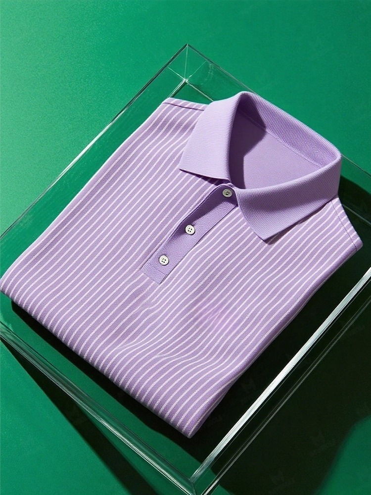 Men's Business Casual Striped Button Short Sleeve Polo Shirt