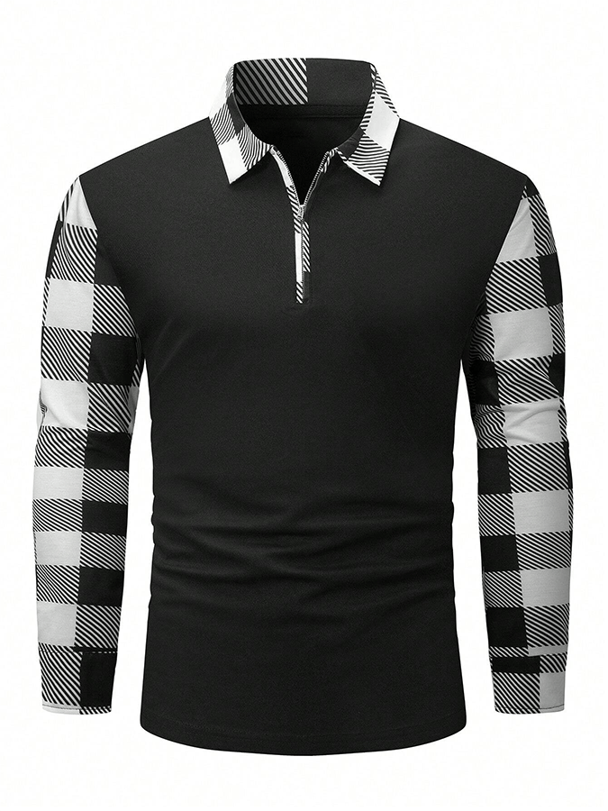 Men's Business Plaid Contrast Patchwork Zipper Lapel Long-Sleeved T-Shirt