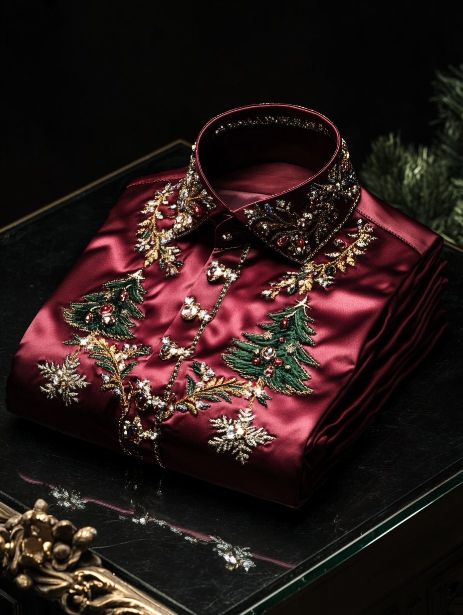 Men's Christmas Satin Luxe Long Sleeve Button Down Shirt