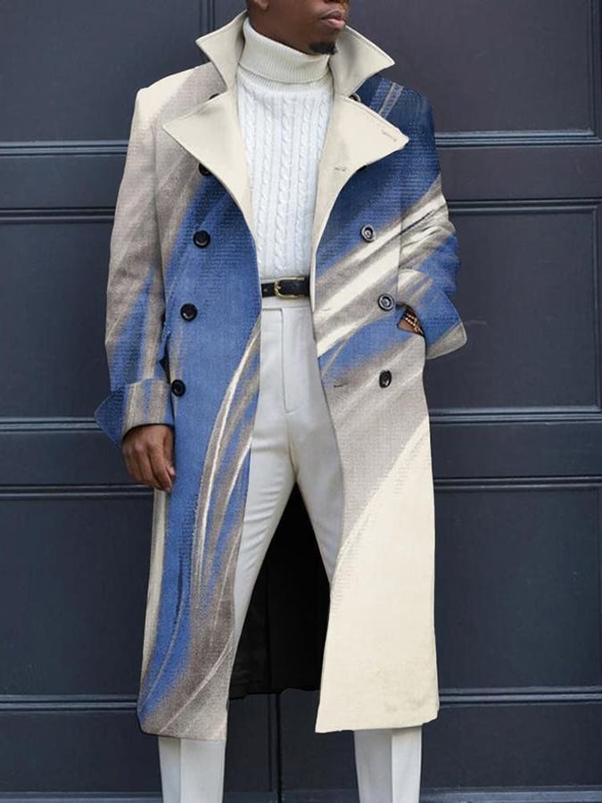 Men's Retro Geometric Print Double-Breasted Casual Trench Coat