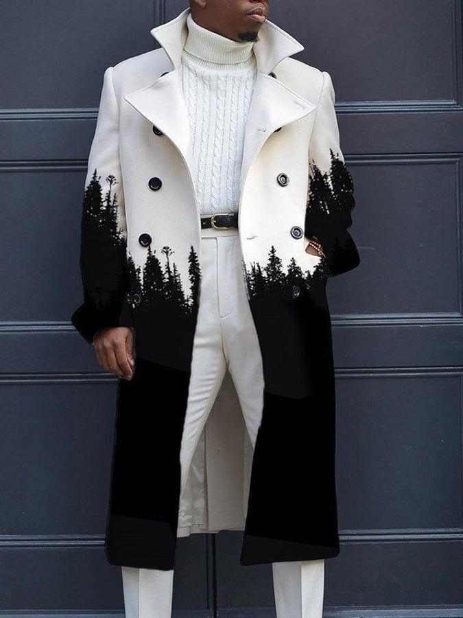 Men's Retro Geometric Print Double-Breasted Casual Trench Coat