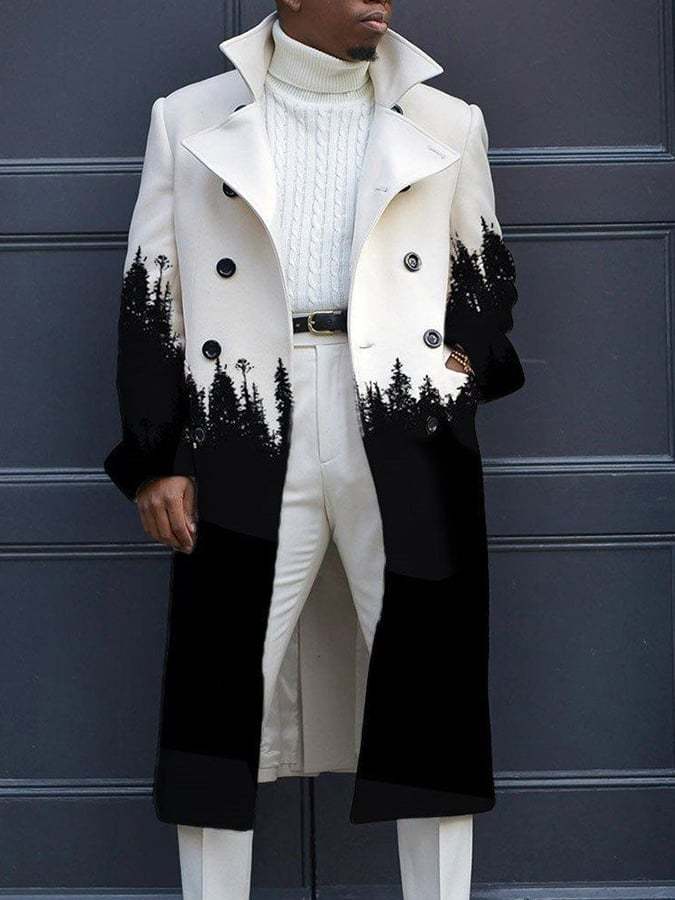Men's Retro Geometric Print Double-Breasted Casual Trench Coat
