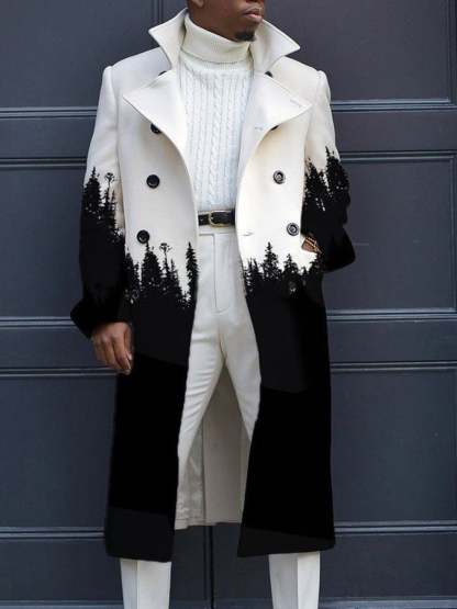 Men's Retro Geometric Print Double-Breasted Casual Trench Coat