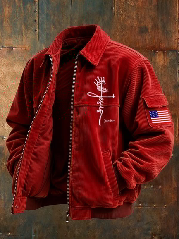 Men's Cross and Crown of Thorns, John 18:37, King Embroidered Corduroy Casual Jacket