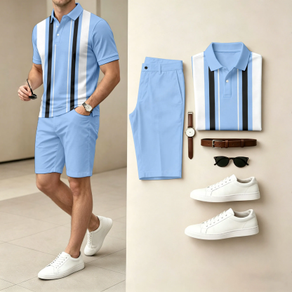 Men's Casual Geometric Color Polo Shirt & Shorts Two-Piece Set