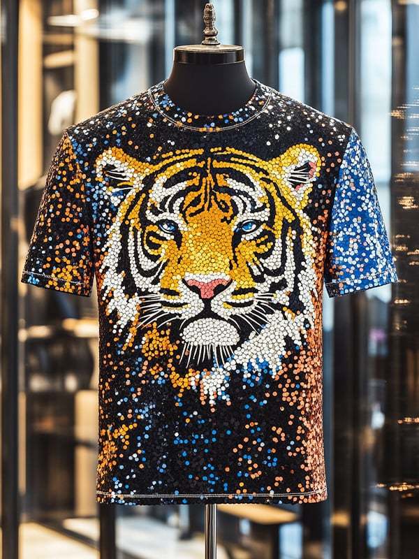 Men's Tiger Sequin Business Print Short Sleeve T-Shirt