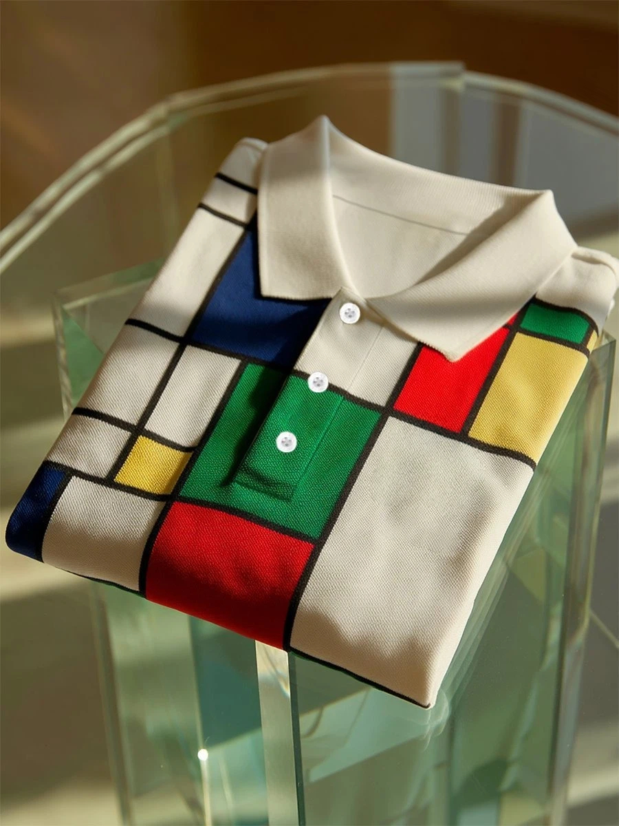 Men's Business Casual Mondrian Geometric Art Button Short Sleeve Polo Shirt