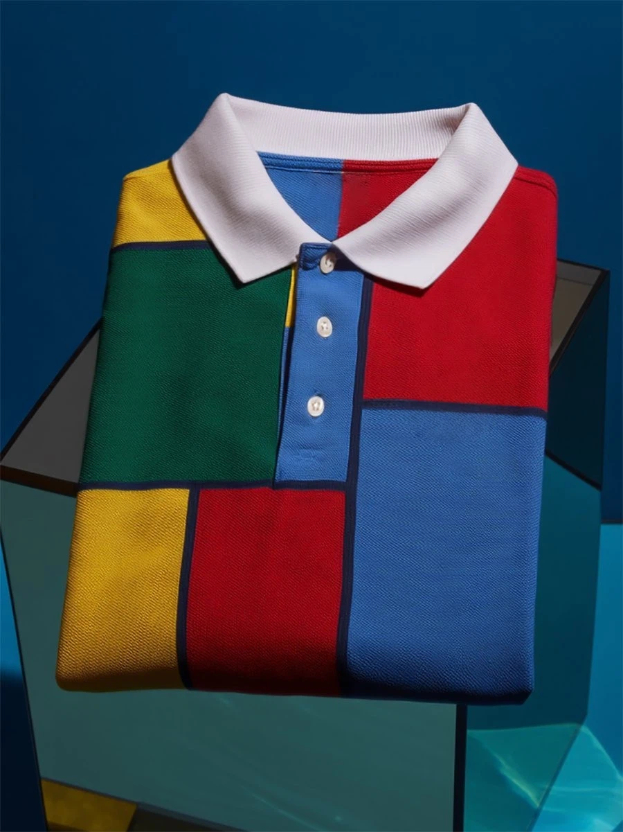 Men's Business Casual Mondrian Geometric Art Button Short Sleeve Polo 
