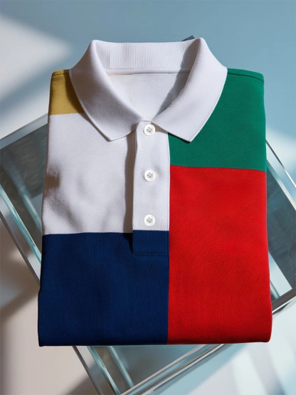Men's Business Casual Mondrian Geometric Art Button Short Sleeve Polo Shirt