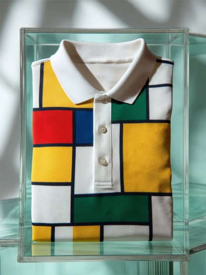 Men's Business Casual Mondrian Geometric Art Button Short Sleeve Polo Shirt