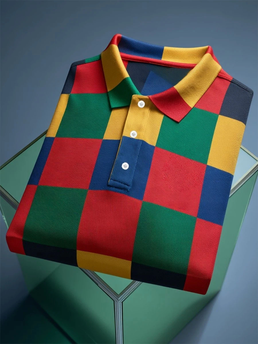 Men's Business Casual Geometric Art Button Short Sleeve Polo Shirt