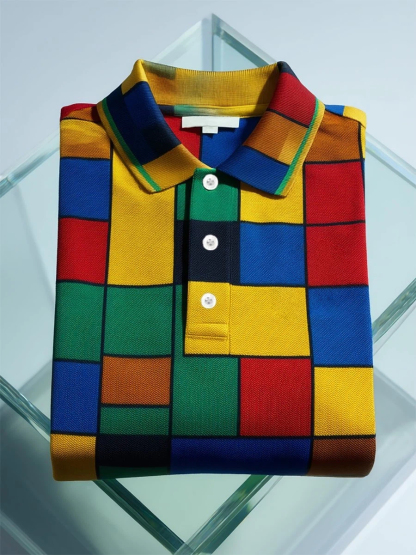 Men's Business Casual Mondrian Geometric Art Button Short Sleeve Polo Shirt