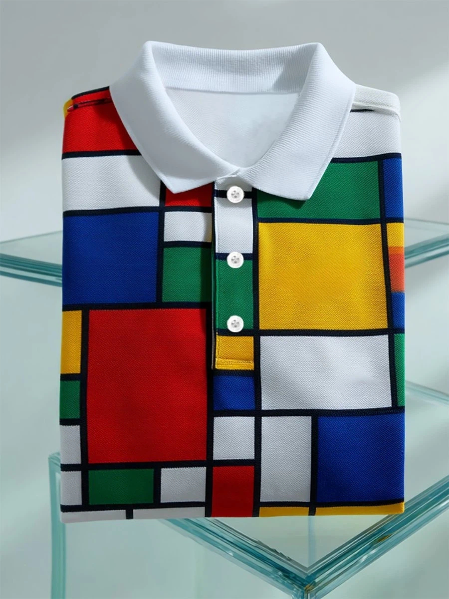 Men's Business Casual Mondrian Geometric Art Button Short Sleeve Polo 