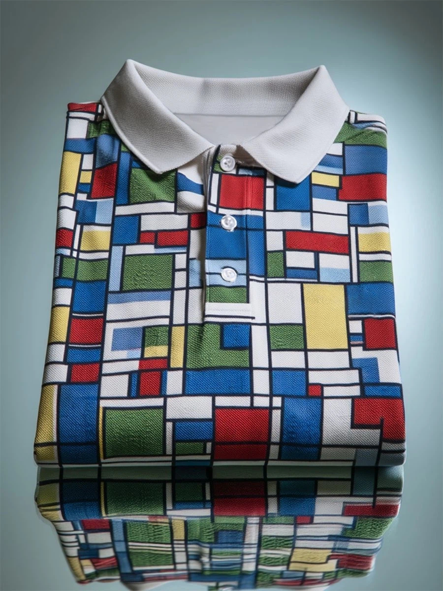Men's Business Casual Mondrian Geometric Art Button Short Sleeve Polo Shirt