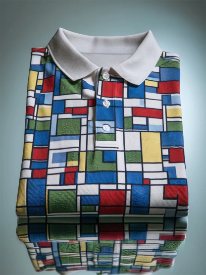Men's Business Casual Mondrian Geometric Art Button Short Sleeve Polo Shirt