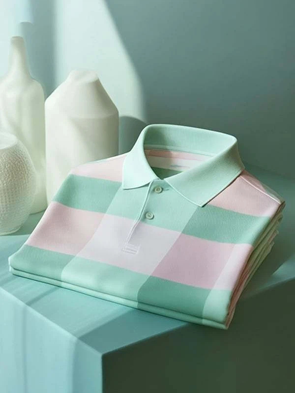 Men's Classic Business Tricolor Check Logo Button Short Sleeve Polo Sh