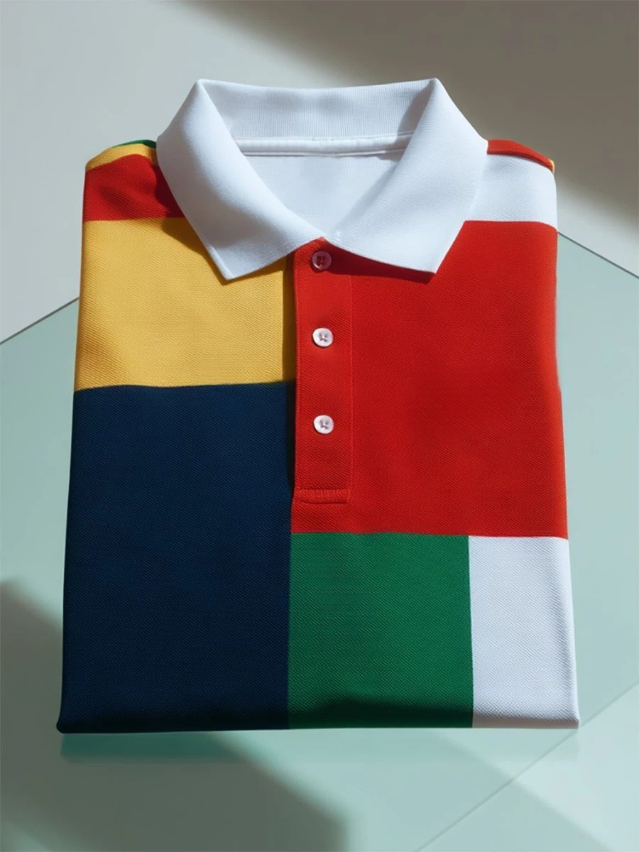 Men's Business Casual Mondrian Geometric Art Button Short Sleeve Polo 